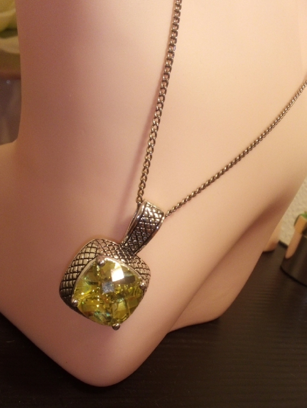 Silver-Tone Pendant Necklace with Lime Green Crystal